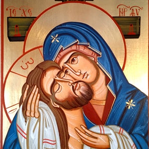 Handgeschilderd icoon van de Pietà van de Maagd Maria met Jezus Christus/Icoon op paneel/Heilig icoon/Orthodox icoon van de Moeder Gods/