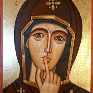 Hand painted icon of Our Lady of Silence / Holy icon of the Virgin Mary / Byzantine icon on wooden board / Orthodox icon /