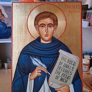 hand painted icon of St. Thomas Aquinas/ Byzantine icon painted on wood/ sacred art/ Orthodox icon/ wooden sacred icon/