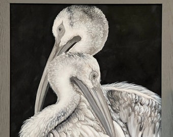 pelican painting, black and white bird painting