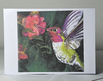 ruby throated hummingbird and flower note cards, two note cards, anna hummingbird