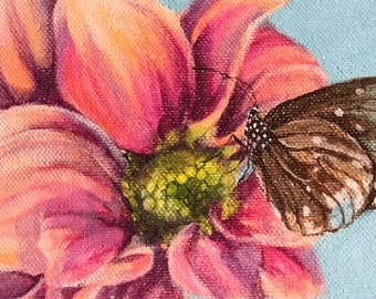 pink daisy and butterfly print, botanical art