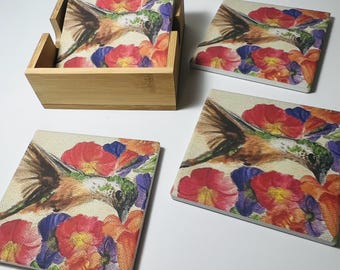 Hummingbird Floral Stone Coasters with Wooden Holder Set, hummingbird coaster gift set