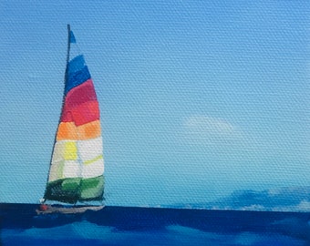 sailboat original painting on canvas, multi colored boat painting