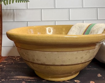 Antique Yellowware Kitchen Bowl Hand Thrown 8” x 3.75”