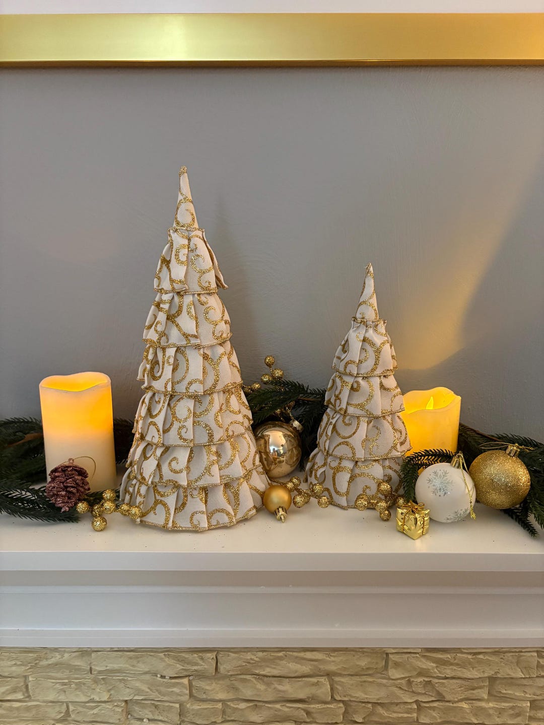 Pair of Christmas/ New Year Ribbon Trees in White With Gold Swirls - Etsy