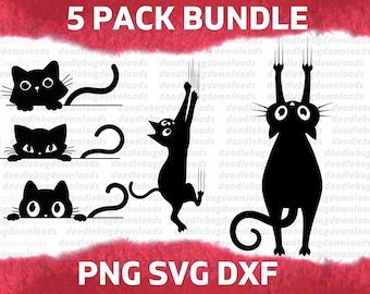 Paquete de gato negro mirando, gato colgante, peekaboo, mirando furtivamente, clip art de Halloween, gato cricut, svg png dxf, archivo de descarga instantánea, sublimación