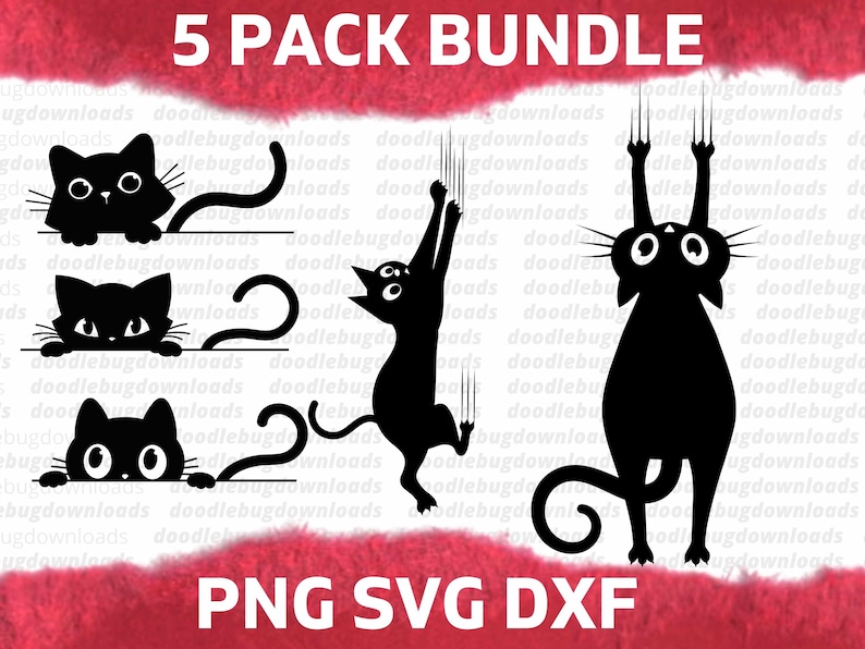 May include: A set of five black cat SVG cut files. The cats are in different poses, including one cat hanging from a ceiling, one cat looking up, and one cat peeking over a surface. The text "5 PACK BUNDLE" is at the top of the image. The text "PNG SVG DXF" is at the bottom of the image.