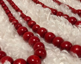 Folk Wood Necklace, Red Beads Polish Slavic Jewelry