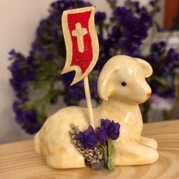 Easter Lamb, Paschal Figure, Porcelain Sheep, Easter Symbol, Easter Basket Decor, Catholic Gift, Lamb of God  1.75”hx2”x1”