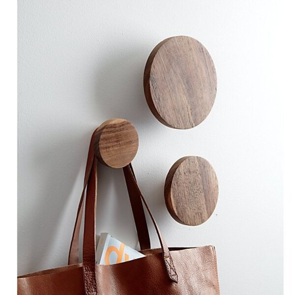 Set of 3 Modern Wood Round Hooks, Single Organizer, Hat Rack, Towel Hook - Walnut