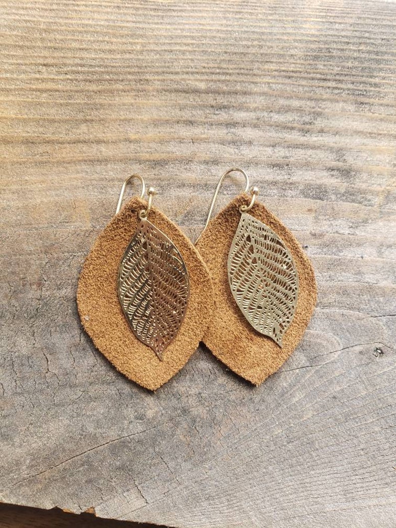 Genuine real brown suede leather and golden leaf handmade dangle earrings.