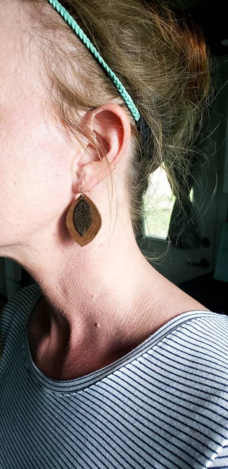 Genuine real brown suede leather and golden leaf handmade dangle earrings.
