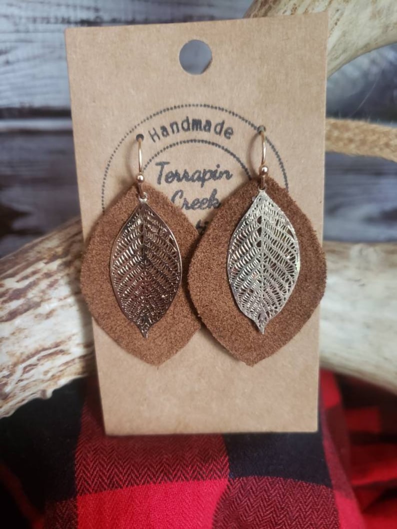 Genuine real brown suede leather and golden leaf handmade dangle earrings.