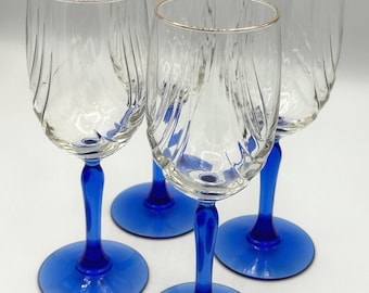 Vintage Lenox Blue-Stemmed Wine Glasses Dual Swag Draped | Set of Four