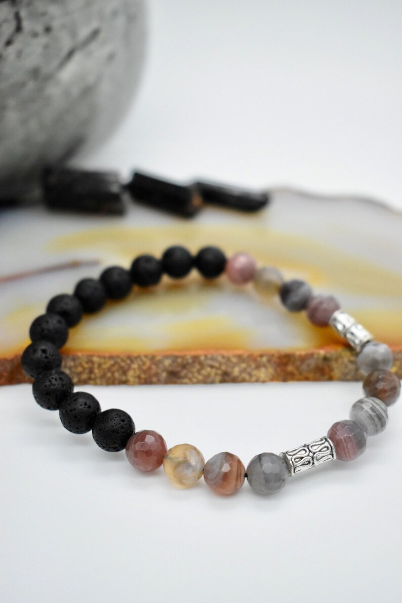 Strength Botswana Agate /& Lava Crystal Bracelet Valentines Day gift to him