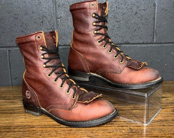 Vintage Double H Women’s Brown Leather Lace Up Boots Kiltie Western Women’s 9 USA Made