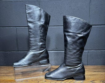 Vintage 90s Y2K STUDIO WORKS Tall Black Leather Square Toe Boots Women’s 6.5 M