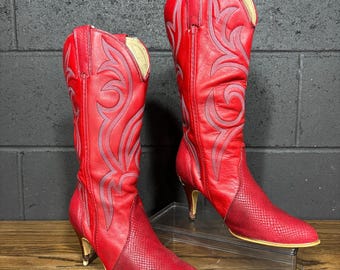 Vintage Jeenz Bootz Red Leather Western Cowboy Boots High Heel USA Women’s 7