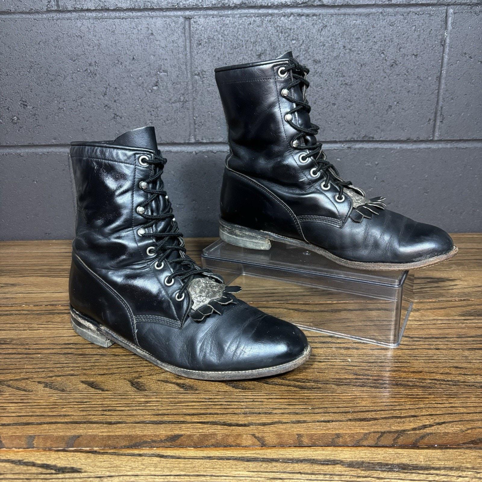 VTG Roper Boots Mens 12 EE Black Leather Kiltie Western Lace-Up Combat USA NEW Vintage Justin L510 Lace Up Boots Size 4.5 B Leather Kiltie  main image 3