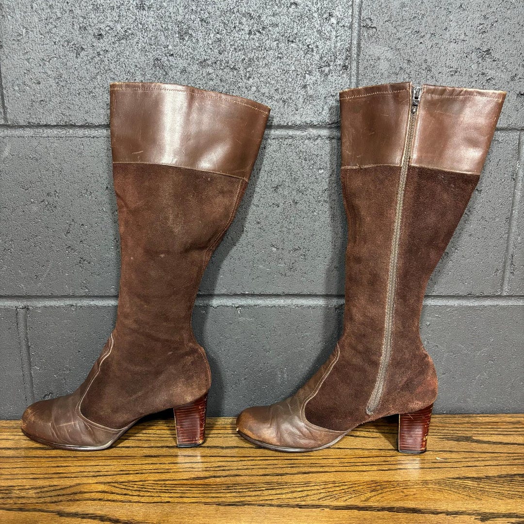 Vintage Brown Suede & Leather Knee High Boots Women’s Size 7 – Block ...