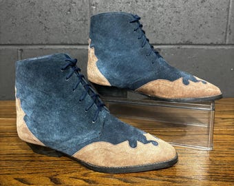 Vintage Newport News Blue Suede Lace Up Ankle Boots Western Victorian Women’s 7