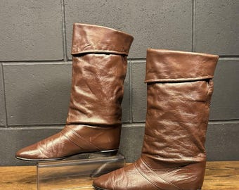 70s Vintage Joyce Brown Leather Fold Over Slouch Riding Boots Women’s 10 N