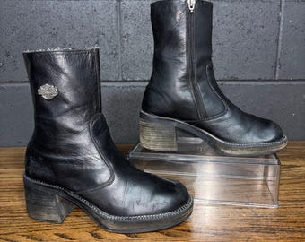 Y2K Harley Davidson Chunky Black Leather Ankle Boots Moto Biker Women’s 6