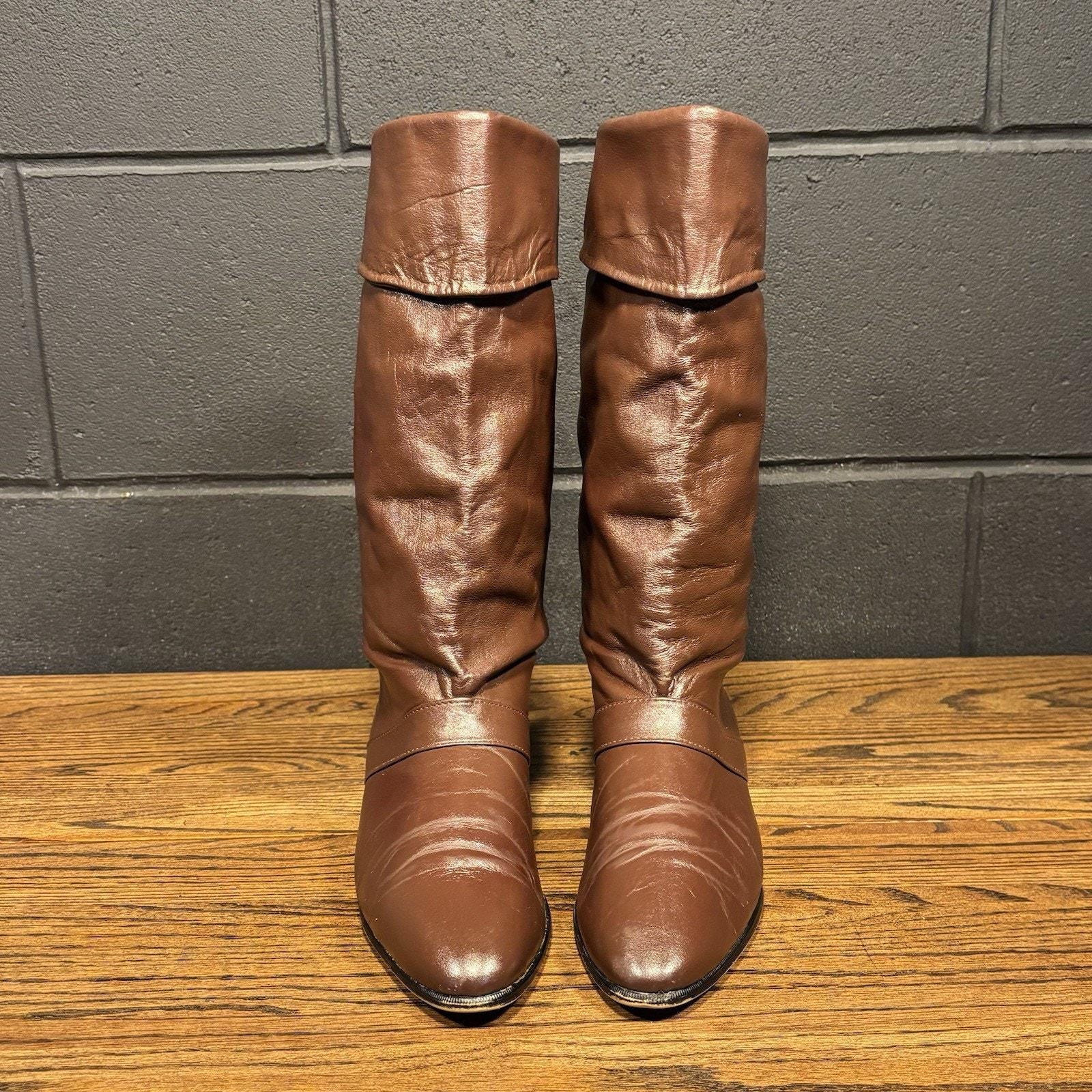Slouch Riding Boots 70s Vintage Joyce Brown Leather Fold Over Slouch Riding Boots Women’s ...