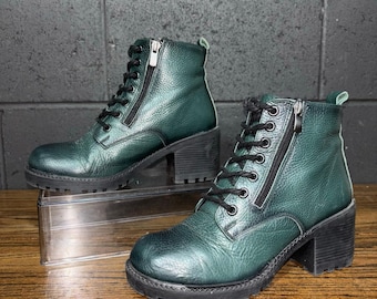 Vintage Y2K Green Leather Lace Up Combat Boots Chunky Heel EU 37 (6.5-7) Grunge