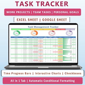 May include: A laptop screen displaying a spreadsheet with a task management tracker. The spreadsheet includes columns for task name, assigned to, start date, due date, priority level, time spent, time remaining, status, and progress. The spreadsheet also includes a progress bar for each task. The spreadsheet is titled "Task Management Tracker".
