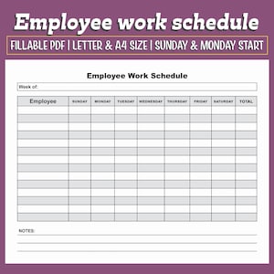 Editable Employee Work Schedule Template Digital Weekly Work Planner