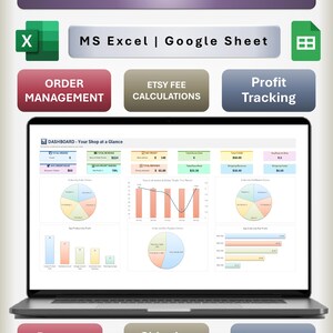 May include: A digital Etsy sales order tracker displayed on a laptop screen, featuring MS Excel and Google Sheet compatibility. The dashboard includes sections for order management, fee calculations, profit tracking, returns, shipping, and packing slips.