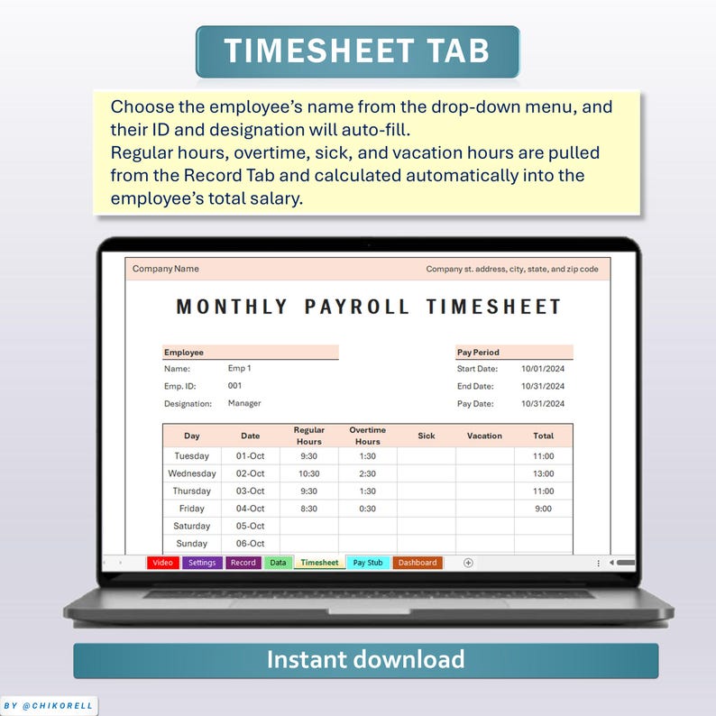 Monthly Payroll Timesheet Tracker Excel & Google Spreadsheets Template ...