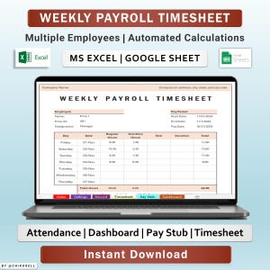 Puede incluir: Una plantilla de hoja de tiempo de nómina semanal para varios empleados, diseñada para usar en Microsoft Excel o Google Sheets. La plantilla incluye campos para el nombre del empleado, la ID, la designación, el período de pago, la fecha de inicio, la fecha de finalización, la fecha de pago, el día, la fecha, las horas regulares, las horas extras, la baja por enfermedad, las vacaciones y las horas totales. La plantilla también incluye botones para video, configuración, registro, hoja de tiempo, talón de pago y tablero.
