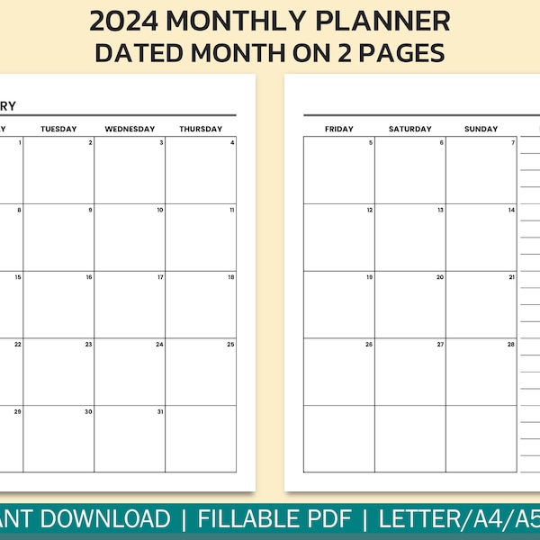 2024 Monthly Planner Dated Month on 2 Pages | Editable Digital Calendar Template for GoodNotes, Wall or Desk Display | Letter,A4 & A5 Size.