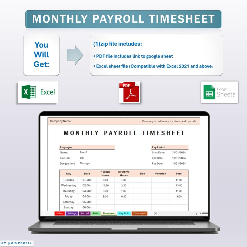 Monthly Payroll Timesheet Tracker Excel & Google Spreadsheets Template ...