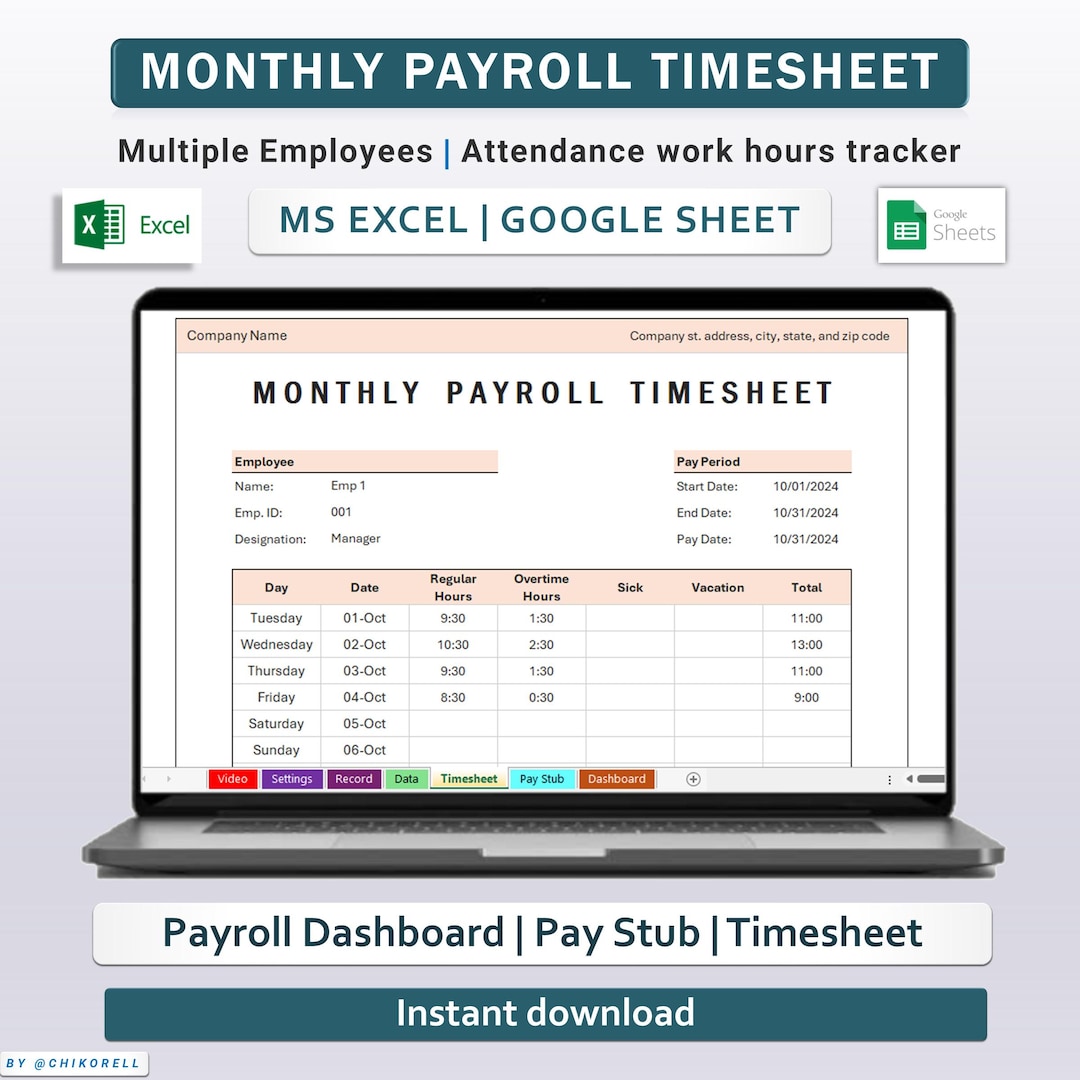 Monthly Employee Payroll Tracker Timesheet Excel & Google Spreadsheet