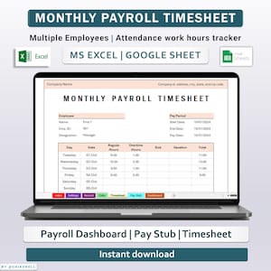 Może przedstawiać: Ekran laptopa wyświetlający szablon miesięcznego harmonogramu wypłat. Szablon jest przeznaczony do użycia z programem Microsoft Excel lub Google Sheets. Szablon zawiera pola na imię i nazwisko pracownika, identyfikator, stanowisko, okres rozliczeniowy, godziny pracy, nadgodziny, zwolnienia chorobowe, urlop i łączną liczbę przepracowanych godzin. Szablon zawiera również sekcję dla panelu wypłat, odpisu z wypłaty i harmonogramu pracy.