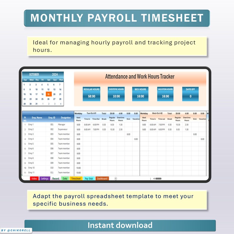 Monthly Employee Payroll Tracker Timesheet Excel & Google Spreadsheet