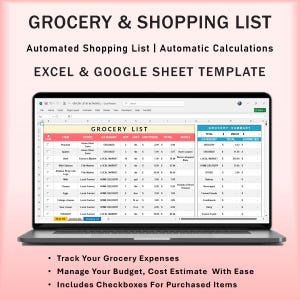 Lebensmittelgeschäft Einkauf Checkliste Budget Kostenschätzung Excel & Google Spreadsheet Template | Automatisierter Ausgaben Tracker | Wird automatisch berechnet