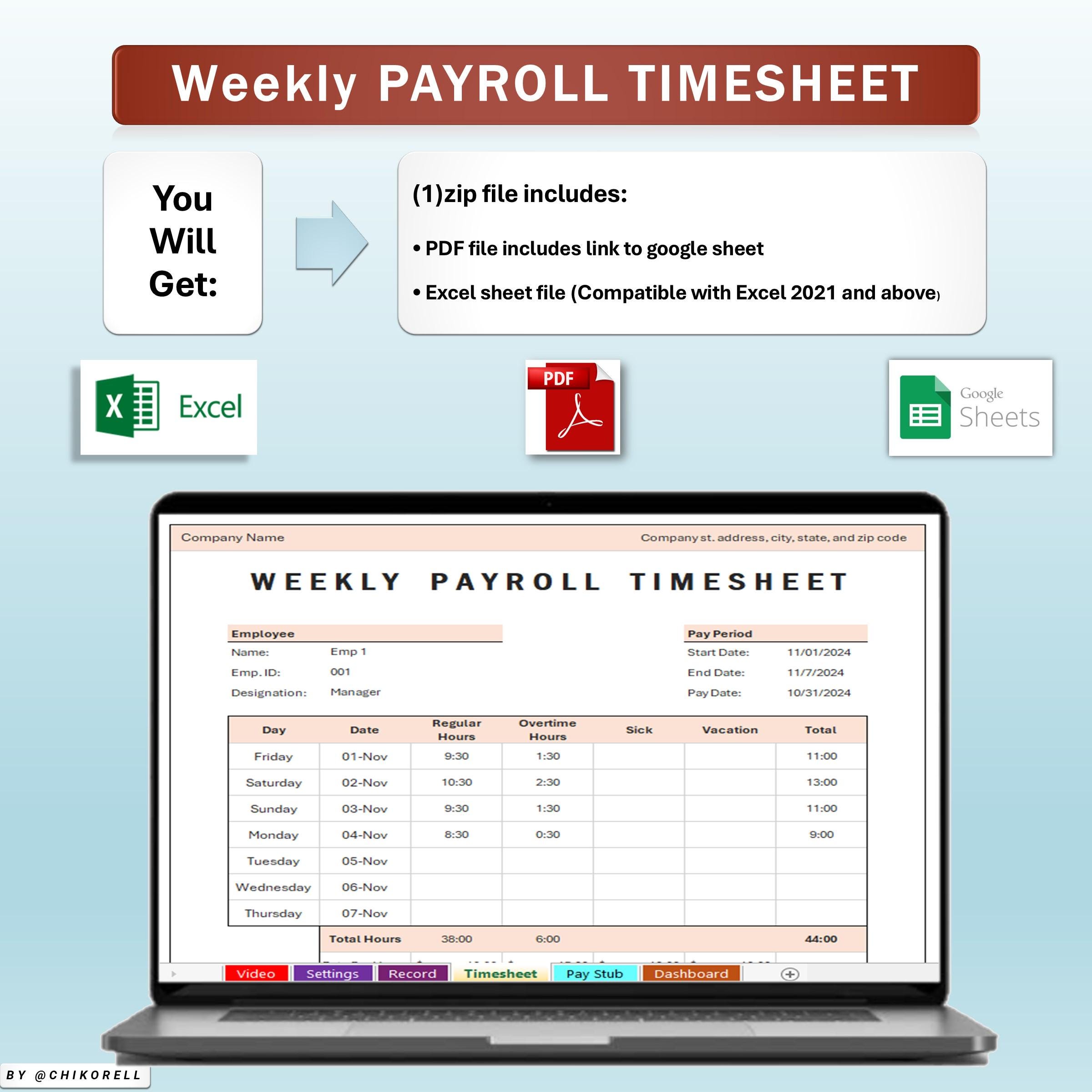 Weekly Payroll Timesheet Tracker Excel & Google Sheets Template ...