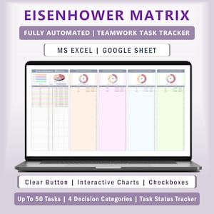 May include: A laptop screen displaying a spreadsheet with a colorful Eisenhower Matrix for task management. The spreadsheet includes a clear button, interactive charts, checkboxes, and a task status tracker. The title of the spreadsheet is "Eisenhower Matrix".