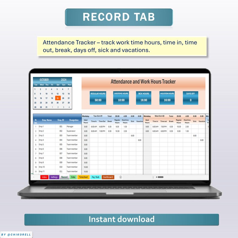Monthly Employee Payroll Tracker Timesheet Excel & Google Spreadsheet