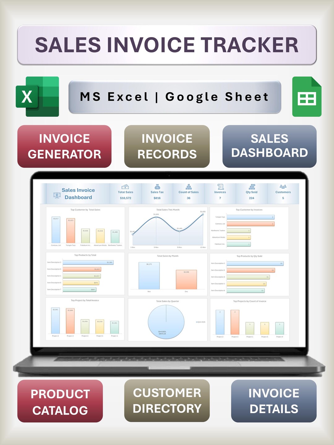 Sales Invoice Tracker Excel & Google Spreadsheet Template | Generator ...