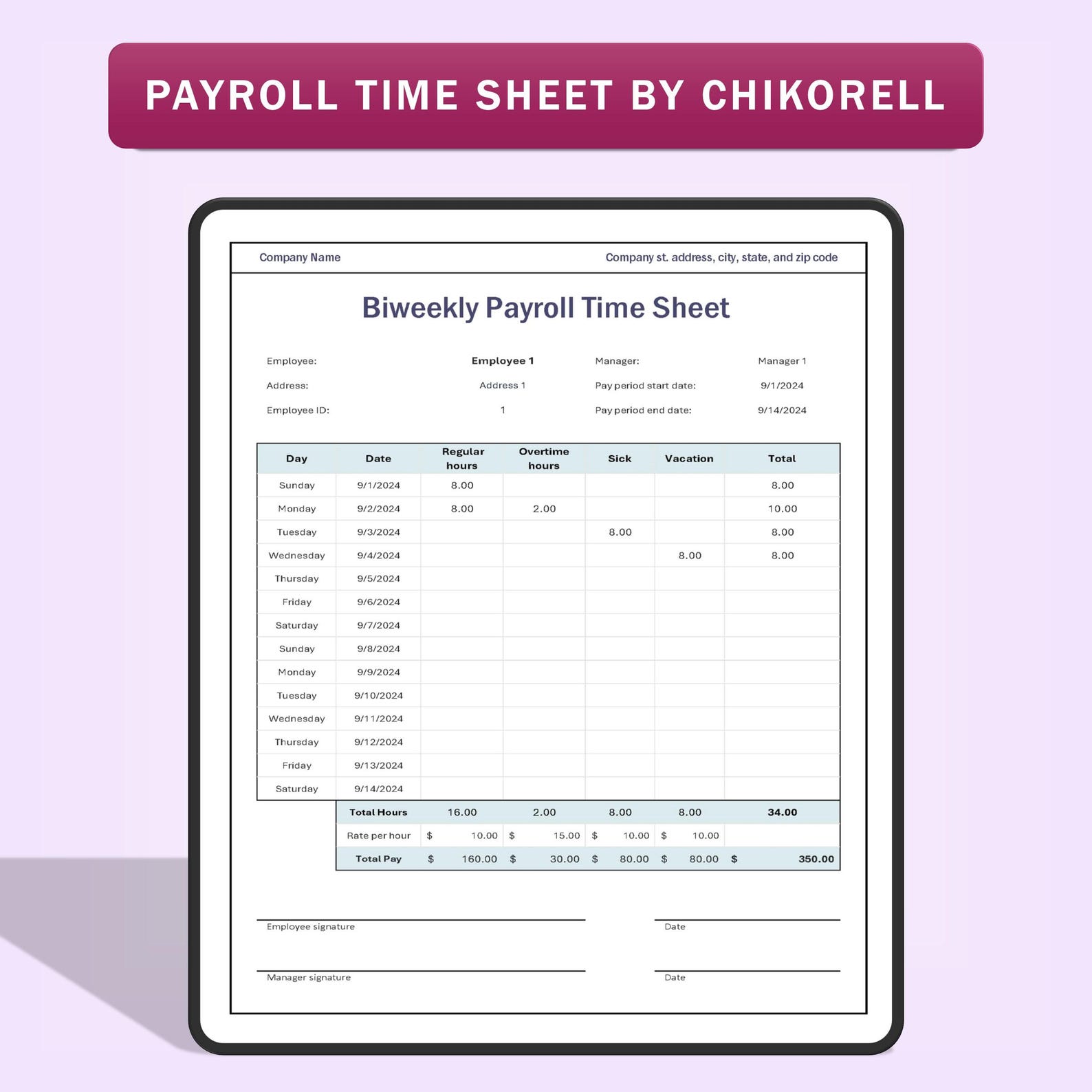 Payroll Timesheet Tracker | Excel & Google Spreadsheet Template ...
