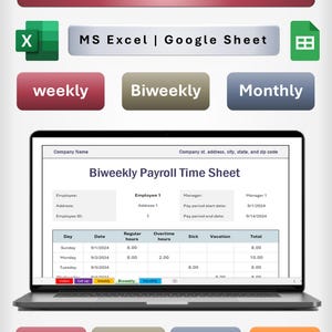 Payroll Timesheet Tracker | Excel & Google Spreadsheet Template | Weekly, Biweekly, Monthly | Automated Employee Payroll calculations