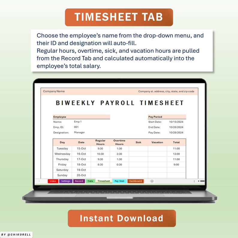 Biweekly Payroll Timesheet Tracker Excel & Google Spreadsheets Template ...