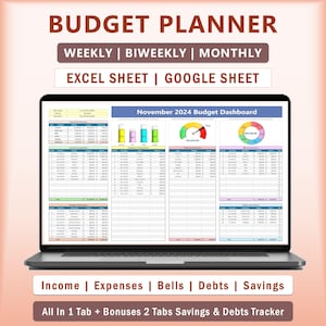 Budget Spreadsheet Planner | Weekly Biweekly Monthly Budget | Excel & Google Sheets | Paycheck Budget | Savings Expense Bill Debt Tracker