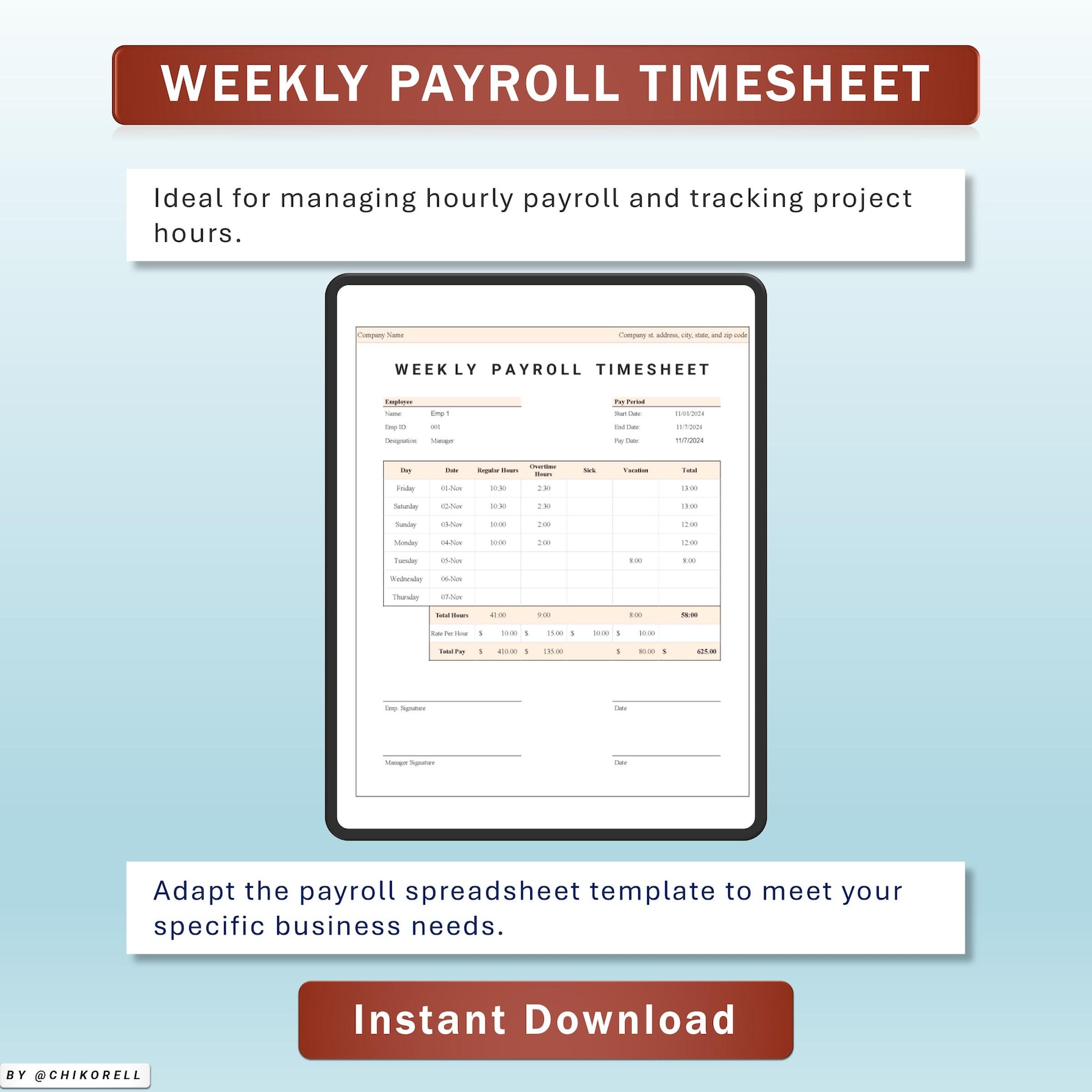 Weekly Payroll Timesheet Tracker Excel & Google Sheets Template ...